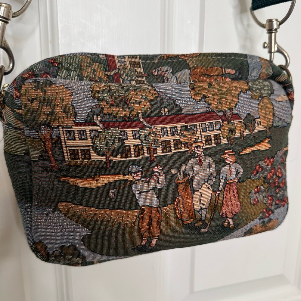 Vintage Needlepoint Handbag Golf Theme Cross Body Purse Embroidered Multicolor
